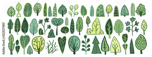 Tree bush shrub in green forest grove cute minimal vector illustration. Abstract eco-friendly design, freehand doodle, watercolor texture, simple silhouette, nature decoration and landscape collage