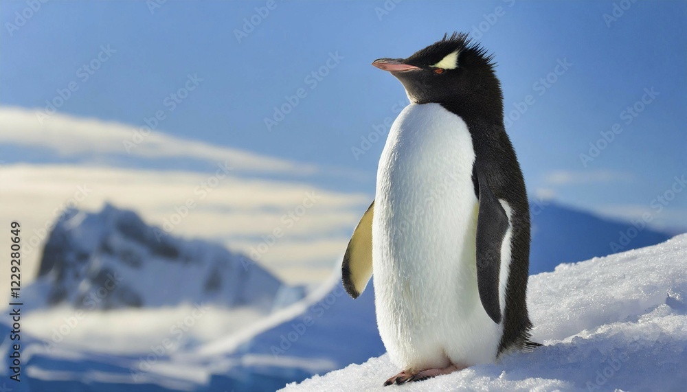 Naklejka premium AI generated, animal, animals, bird, birds, biotope, habitat, one, individual, blue sky, winter, ice, snow, foraging, wildlife, summer, seasons, southern rockhopper penguin (Eudyptes chrysocome)