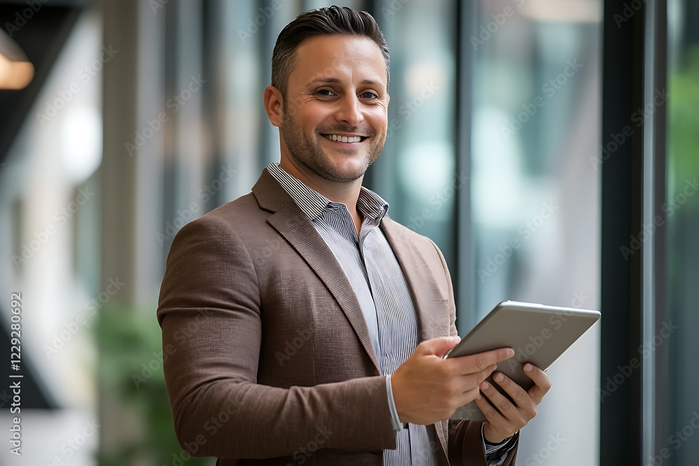 Fototapeta premium Happy young businessman standing in a modern office, holding a tablet and looking away with a confident smile. Professional male executive leader