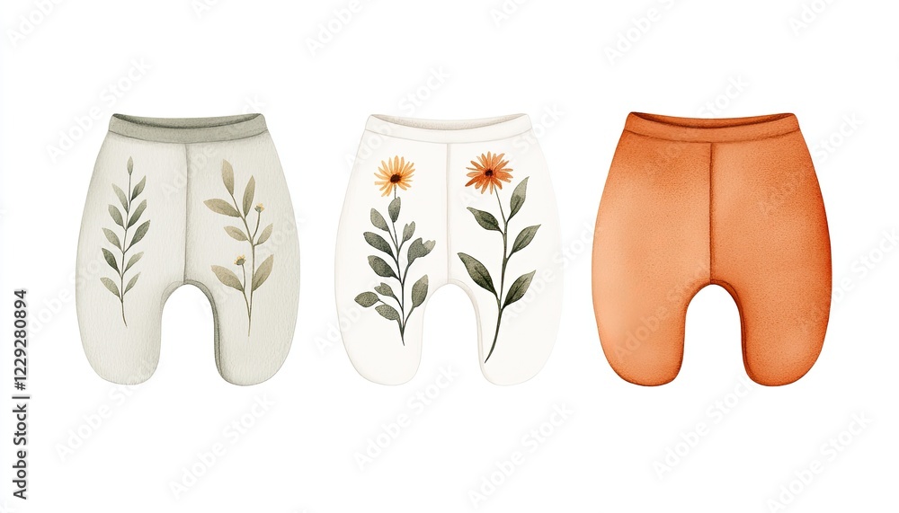 Three pairs of illustrated shorts featuring floral designs, showcasing nature-inspired patterns in a minimalist style Three pairs of illustrated shorts featuring floral designs, showcasing nature-inspired patterns in a minimalist style