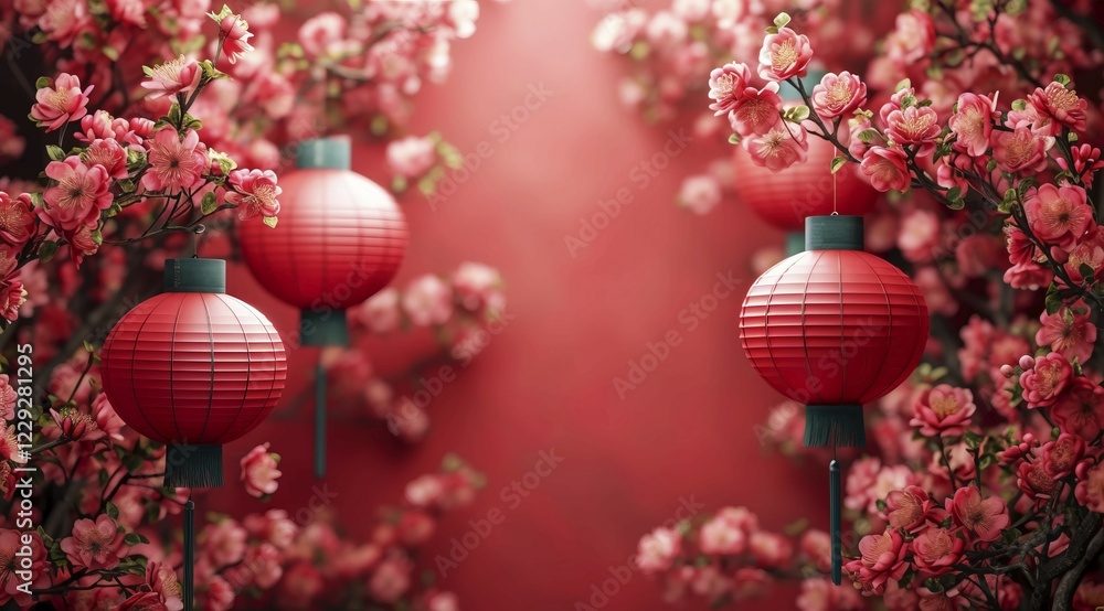 Obraz premium Vibrant Chinese red lanterns among pink flowering branches against bokeh background, AI generated