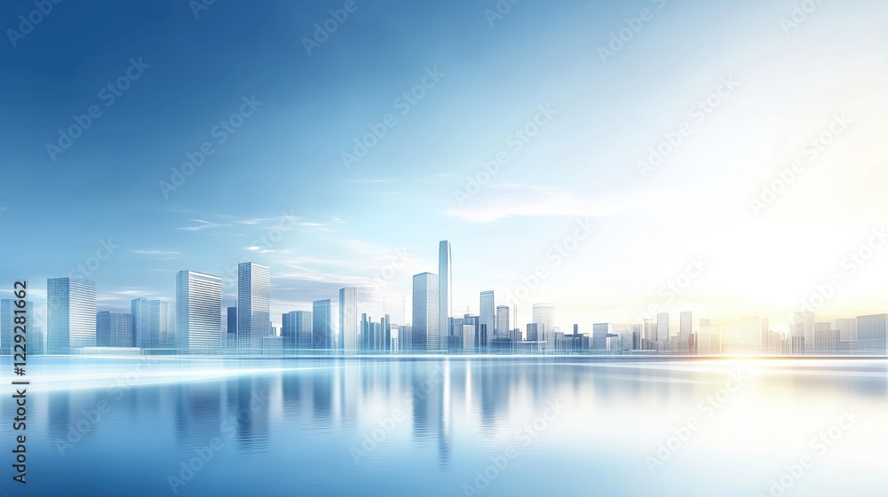 Fototapeta premium City skyline reflects in tranquil water at sunrise with soft blue hues and modern architecture