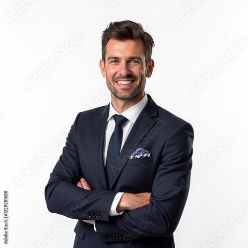 Un exitoso trabajador de oficina en traje de la marina. Un exitoso y guapo empleado masculino. Un vendedor exitoso.