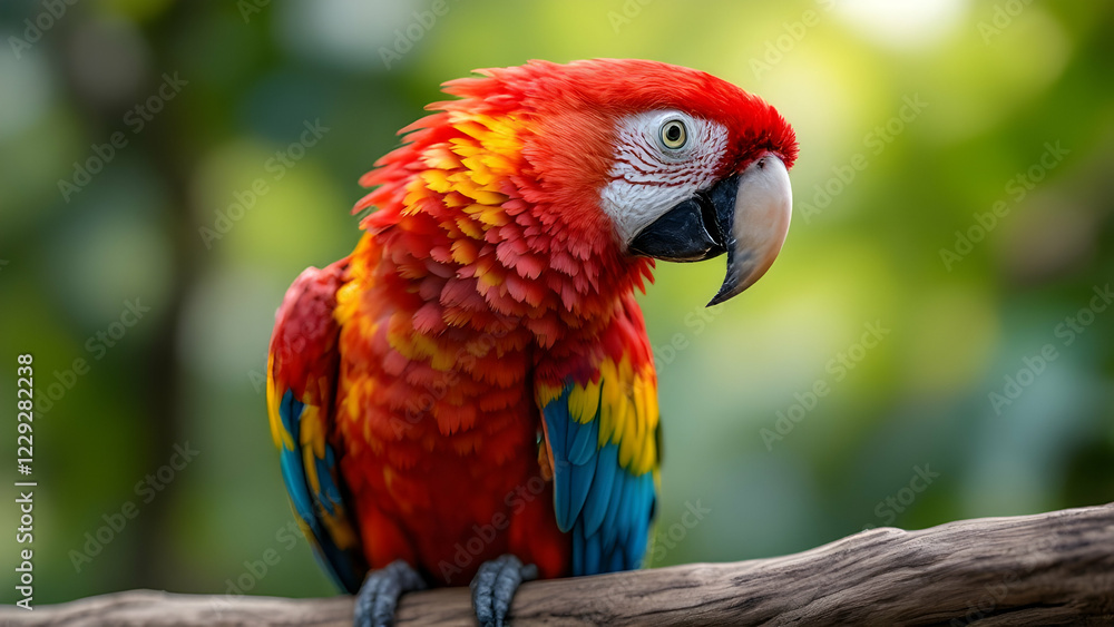 Vibrant Scarlet Macaw Perched on a Branch in Lush Greenery