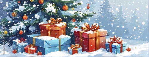 Abstract illustration of wrapped Christmas gifts, shiny ribbons and bows, stacked under a snow-dusted evergreen tree in a snowy outdoor setting, AI generated