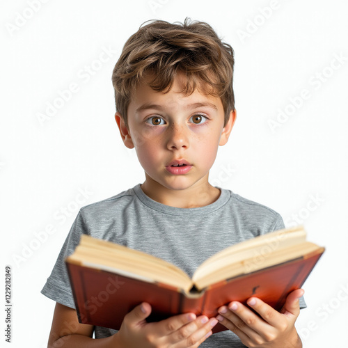 Un niño lindo de 8 años tiene una expresión que le hace tener curiosidad mientras leía el libro. Un chico encantador.