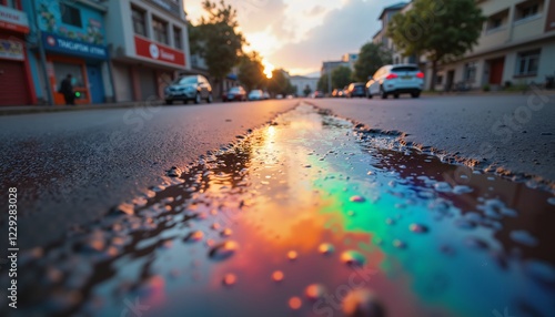 Vibrant Holi inspired street reflection at sunset, perfect for festive backgrounds photo