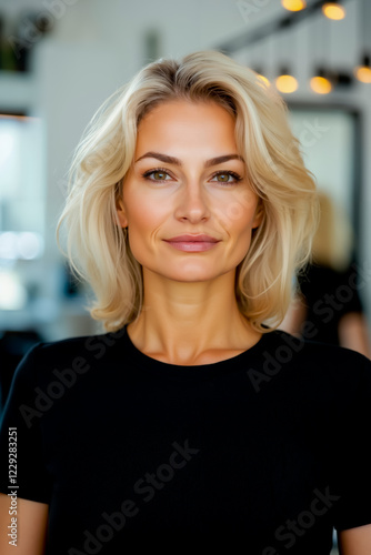 A woman with blonde hair and a black shirt