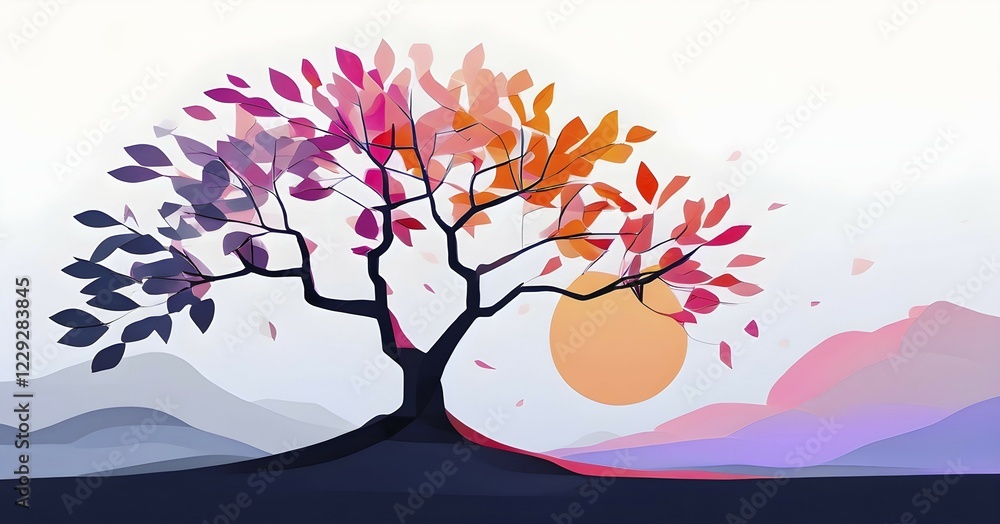 Fototapeta premium Abstract minimalist spring scene with a single, sharp silhouette of a blooming tree on a vast light grey canvas, with subtle color gradients hinting at spring freshness, AI generated