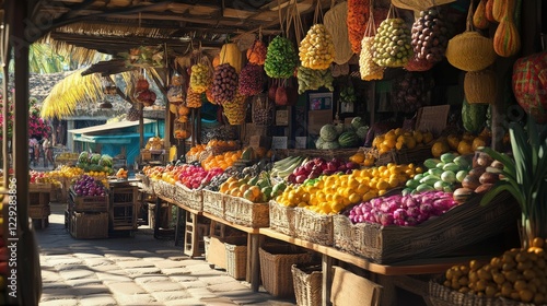 Vibrant Market Stall: A colorful and enticing display of fresh produce fills a bustling market stall, inviting shoppers with a feast for the senses.
