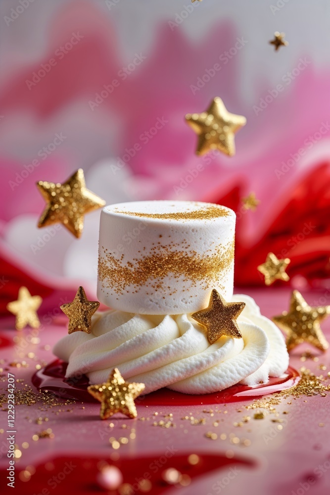 Fototapeta premium Festive Dessert Stack with White Cake Cream and Gold Star Sprinkles on Pink Surface