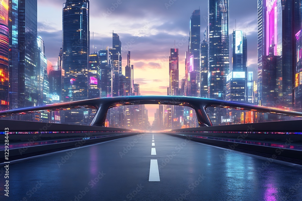 Fototapeta premium A futuristic city at twilight, with a sleek bridge spanning an empty asphalt road, flanked by reflective skyscrapers and colorful neon lights.