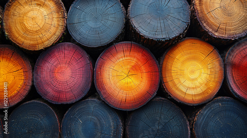 Stacked tree logs with vibrant and colorful cross-sections photo