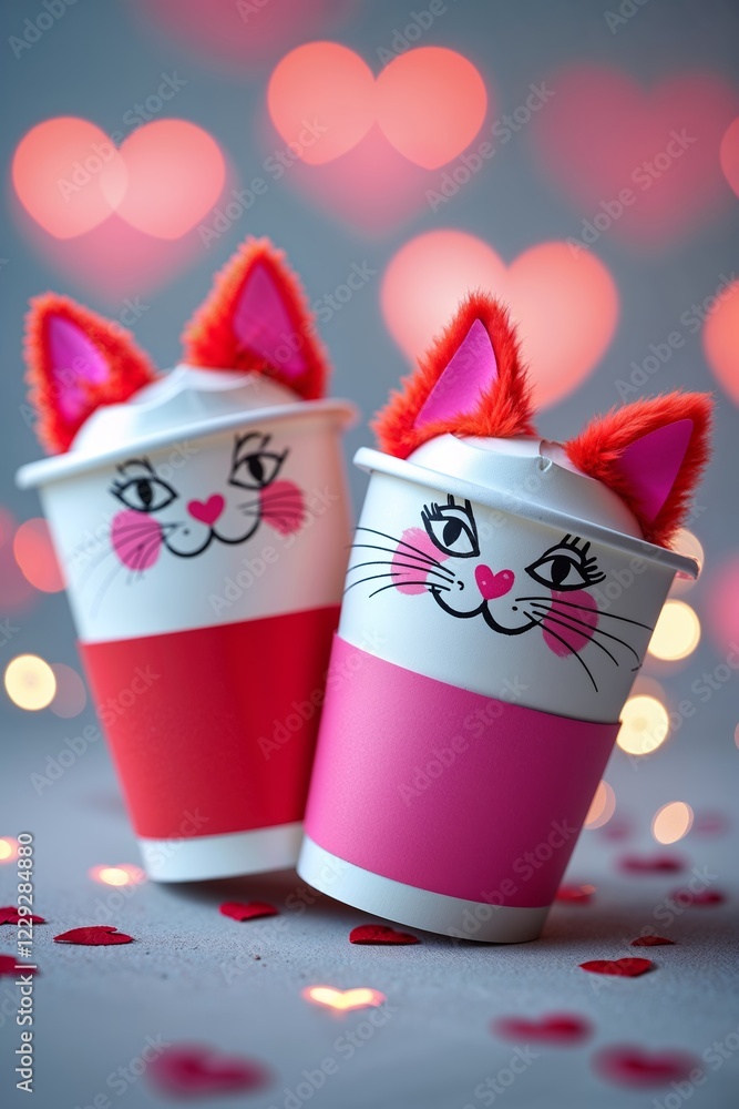 Fototapeta premium Two Adorable Cat Themed Coffee Cups with Fluffy Ears and Heart Background