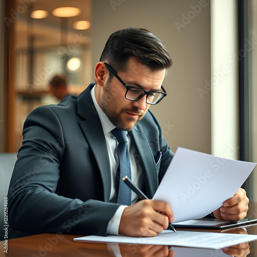 Businessman signing paperwork for deal agreements, illustrating the process of formalizing business transactions photo