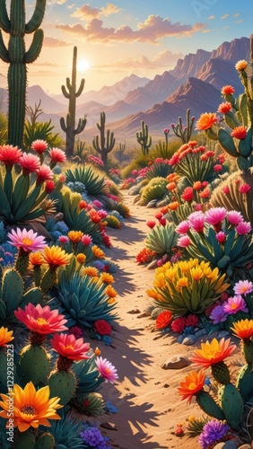 A desert landscape with blooming cacti and vibrant flowers.