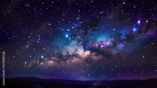 ゲーム背景　天の川銀河と青と紫の宇宙の壮大な夜空があるパノラマ地平線風景