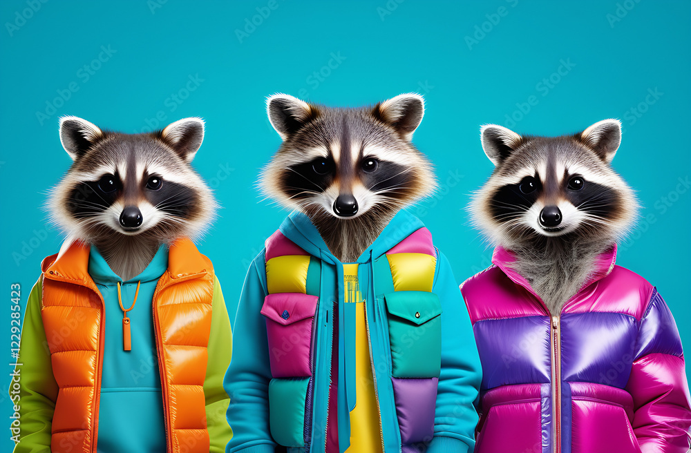 Group of pets racoons in funky wild colourful outfits, birthday party Group of pets racoons in funky wild colourful outfits, birthday party