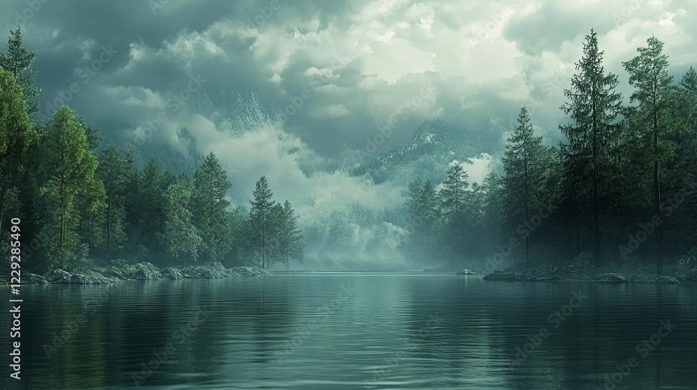 A serene lake surrounded by dense trees under cloudy skies. picture A serene lake surrounded by dense trees under cloudy skies. picture