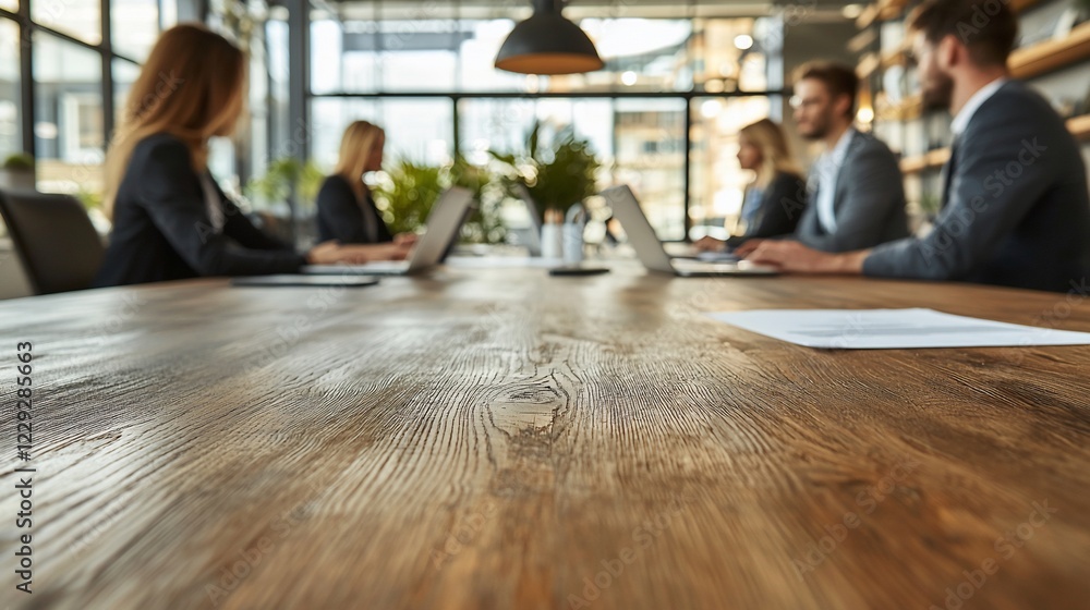 Team meeting, modern office, wood table, coworkers collaborate