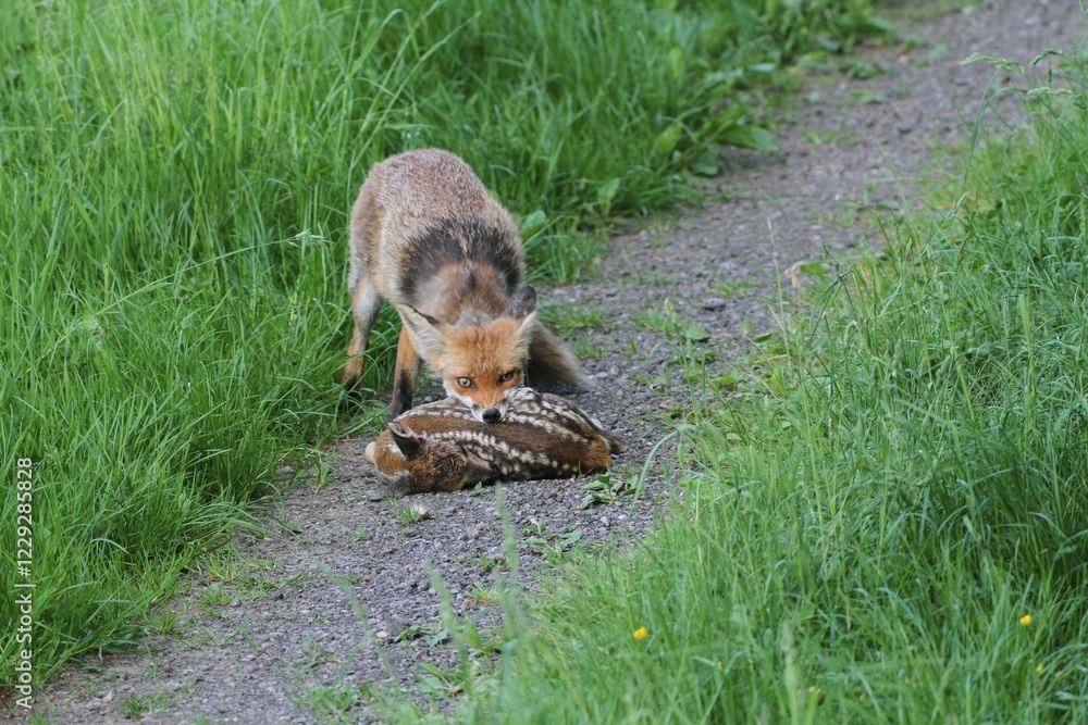 custom made wallpaper toronto digitalRed fox (Vulpes vulpes) with a captured fawn, Allgaeu, Bavaria, Germany, Europe