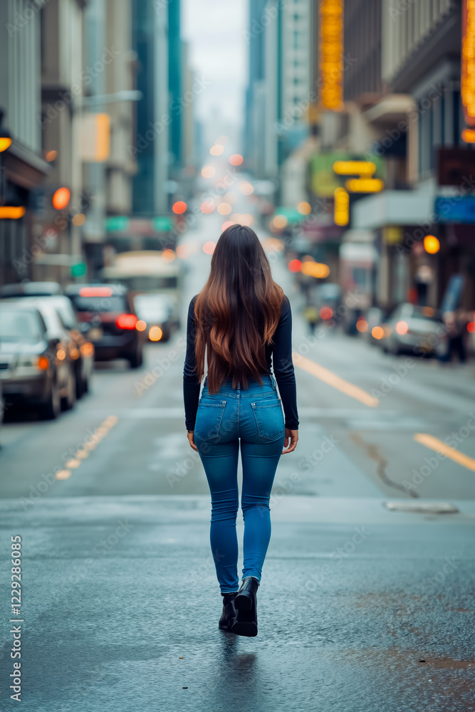 Fototapeta premium A woman walking down a city street at night