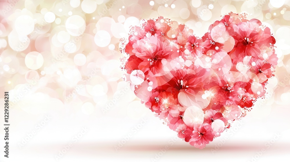 Fototapeta premium Heart Shaped Pink and Red Watercolor Flowers on Bokeh Background