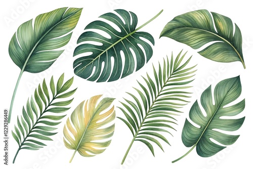 Tropical Palm and Monstera Leaves Set – Watercolor Botanical Illustration on White Background
