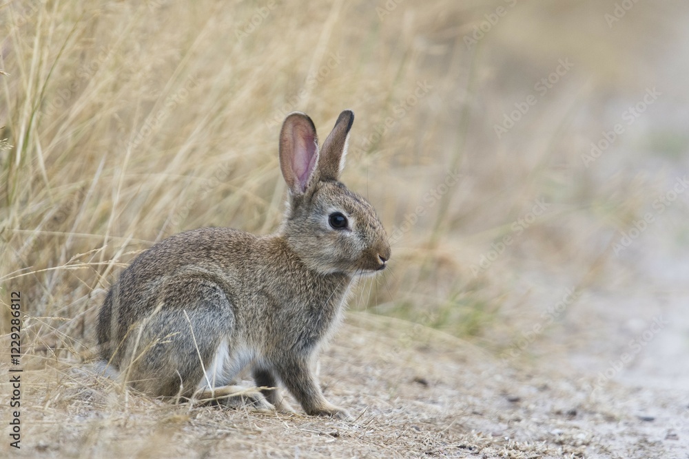 European rabbit (Oryctolagus cuniculus), young animal sits at the wayside, Emsland, Lower Saxony, Germany, Europe