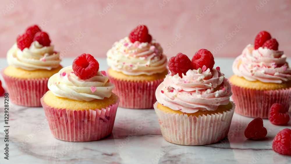 Cupcakes with pink icing, fresh raspberries and heart-shaped decor, arranged on a marble surface. The background is designed in pastel colors. Cupcakes with pink icing, fresh raspberries and heart-shaped decor, arranged on a marble surface. The background is designed in pastel colors.