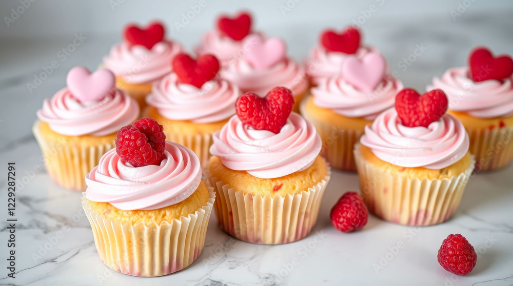Cupcakes with pink icing, fresh raspberries and heart-shaped decor, arranged on a marble surface. The background is designed in pastel colors. Cupcakes with pink icing, fresh raspberries and heart-shaped decor, arranged on a marble surface. The background is designed in pastel colors.