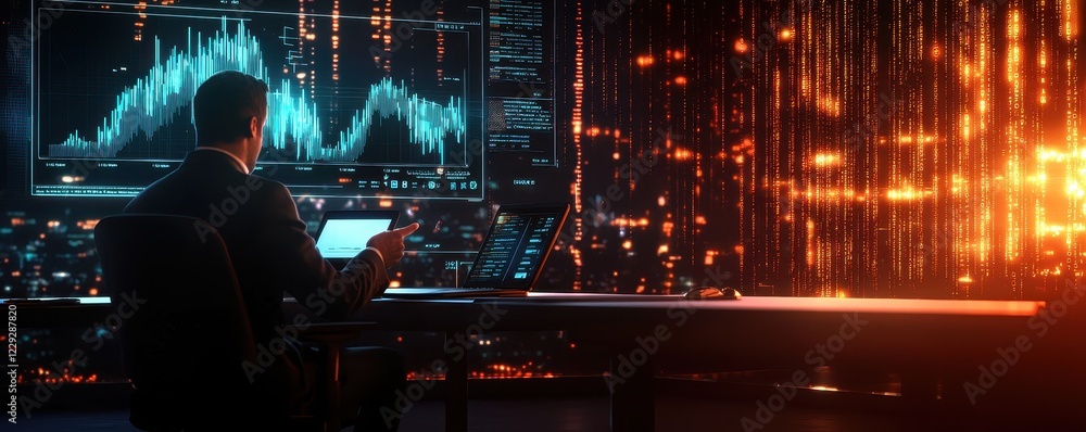 A person analyzes data on multiple screens, showcasing vibrant visualizations and a futuristic digital environment. A person analyzes data on multiple screens, showcasing vibrant visualizations and a futuristic digital environment.