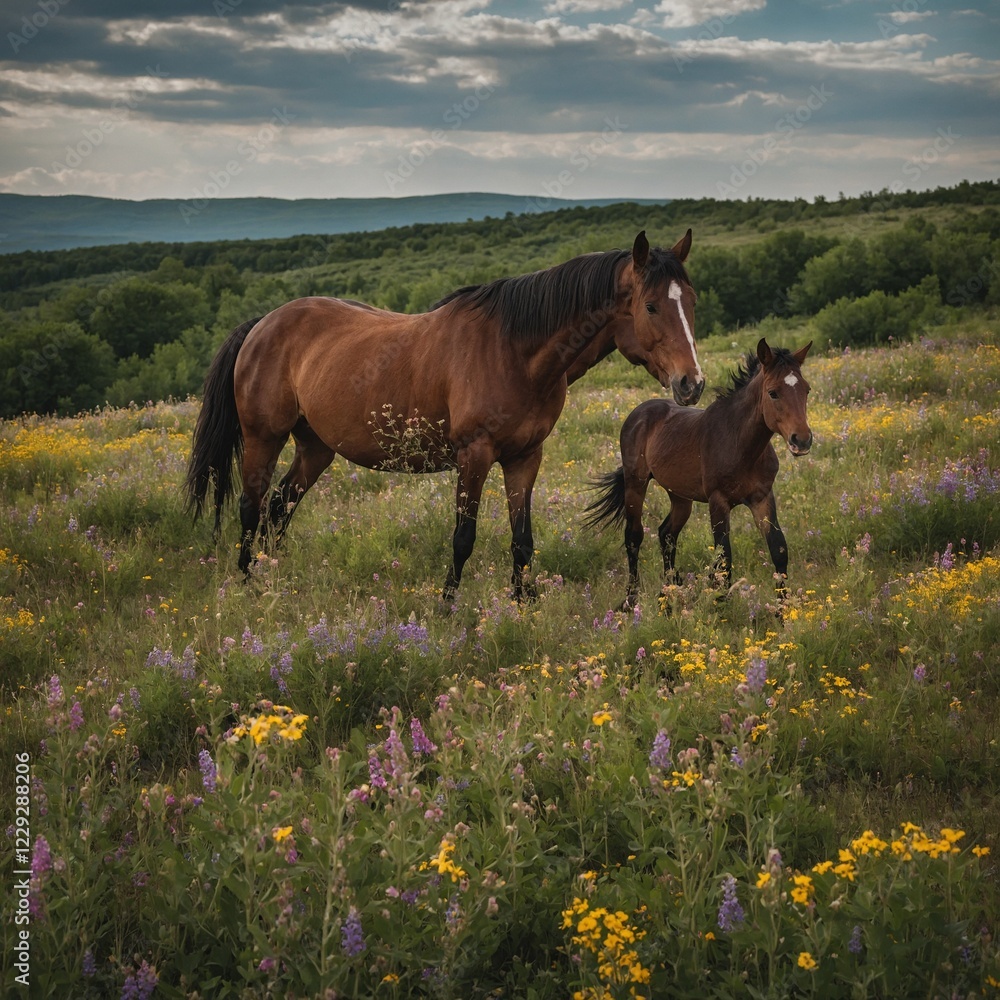 Fototapeta premium A horse and her foal trotting through a field of wildflowers.