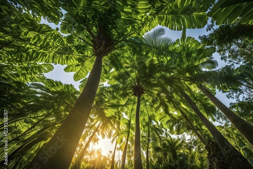 Rainforest canopy with verdant greenery and sunbeams piercing through the leaves, AI generated photo