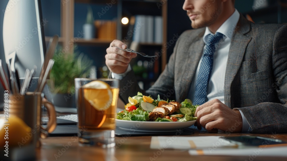 Businessman Enjoying a Healthy Lunch at His Desk Businessman Enjoying a Healthy Lunch at His Desk