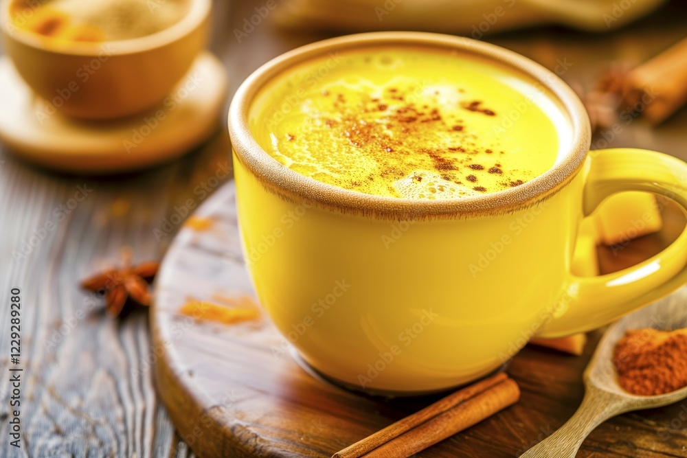 Atmospheric picture of golden milk in a yellow ceramic cup, lovingly decorated, AI generated, AI generated