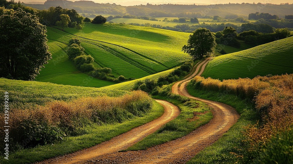 Fototapeta premium Winding Country Road: A picturesque rural scene featuring a winding dirt road snaking through rolling green hills, bathed in the soft glow of the setting sun.
