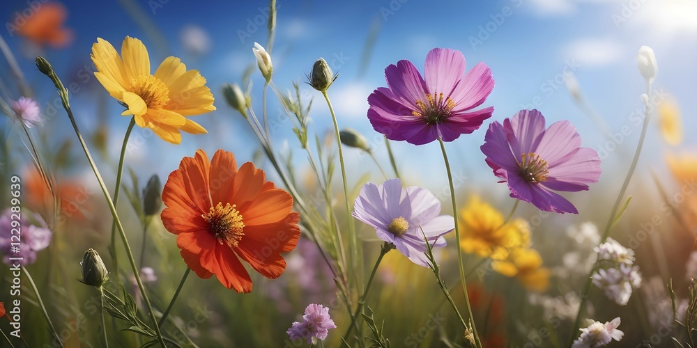 Wildflowers in a meadow, with a soft breeze slightly moving the petals, creating a serene and lively atmosphere, AI generated Wildflowers in a meadow, with a soft breeze slightly moving the petals, creating a serene and lively atmosphere, AI generated