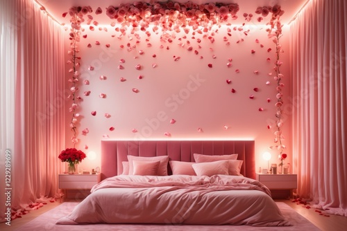 A cozy pink bedroom with a bed, pillows, and elegant decor featuring a lamp, headboard, and soft bedding, creating a comfortable and luxurious atmosphere in a stylish home or hotel room photo