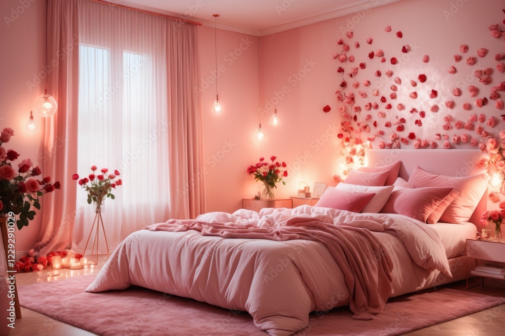 Fototapeta premium A cozy pink bedroom with a bed, pillows, and elegant decor featuring a lamp, headboard, and soft bedding, creating a comfortable and luxurious atmosphere in a stylish home or hotel room