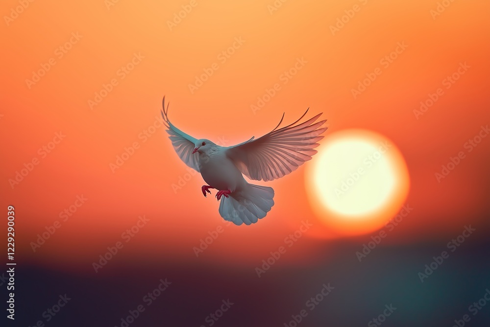 Obraz premium White dove elegantly soars through the sky, wings spread wide against a vivid orange sunset backdrop. The serene scene captures the essence of peace and freedom in nature