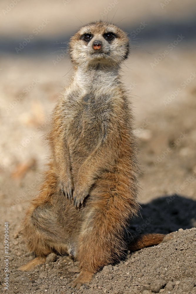 Fototapeta premium Meerkat (Suricata suricatta) stands upright, captive, Germany, Europe