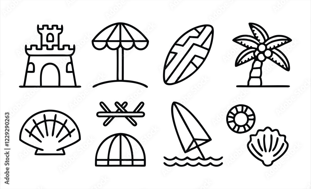 Fototapeta premium set of outline icons related to beach linear icon 