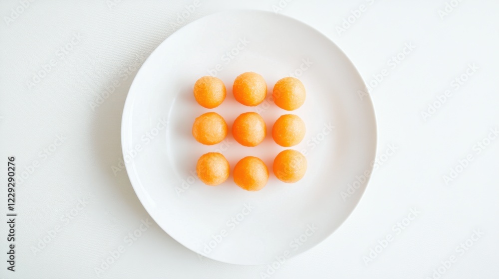 A minimalist plate of fresh cantaloupe balls, neatly arranged in a simple pattern on a plain white ceramic plate, Cantaloupe balls centered A minimalist plate of fresh cantaloupe balls, neatly arranged in a simple pattern on a plain white ceramic plate, Cantaloupe balls centered