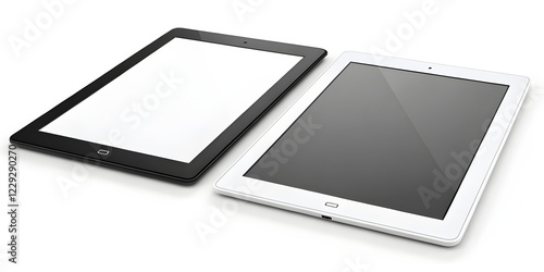 Two identical tablet computers, one black and one white, are displayed side-by-side. Both tablets are oriented horizontally, angled slightly outward, and are positioned in a product shot style.  photo