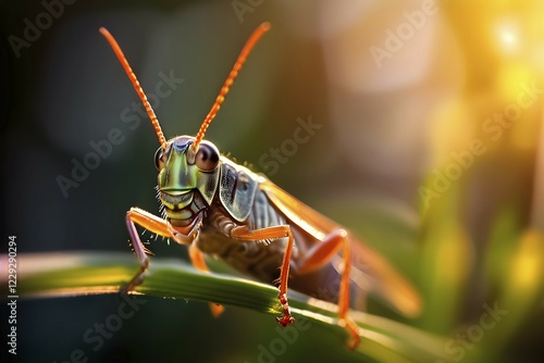 Close up of a grasshopper with blurred background in soft diffused light, AI generated