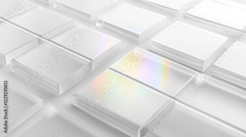 metallic white surface with holographic rainbow effects  advanced optical material  translucent layered texture  clean geometric lines  professional photography