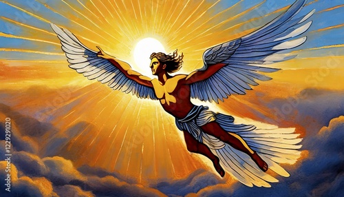 Icarus, son of Daedalus, with wings made of feathers comes too close to the sun, Greek mythology, AI generated photo