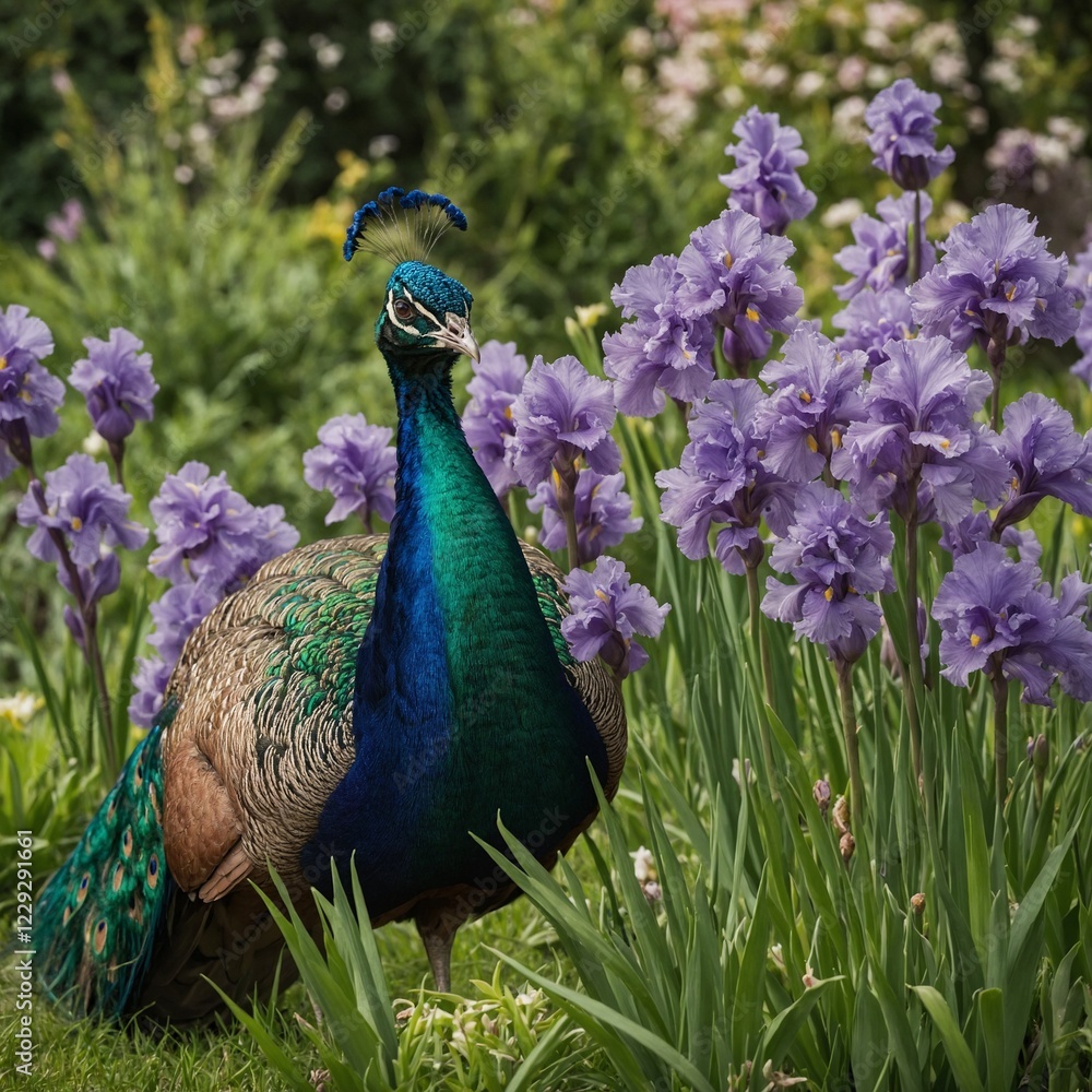 Obraz premium A peacock and her chicks perched in a garden of blossoming irises.