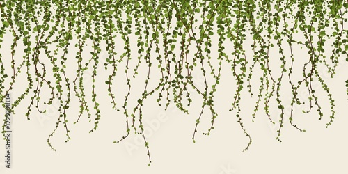 Green foliage wall vector illustration, climbing plant leaves seamless horizontal pattern